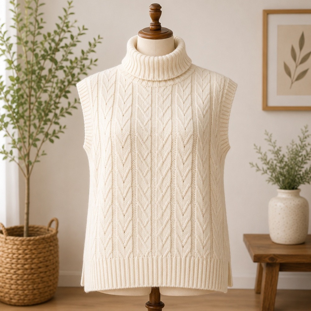 NWT Cupshe Cable Knit Sweater Vest Womens XL Cream Turtleneck Sleeveless Chunky